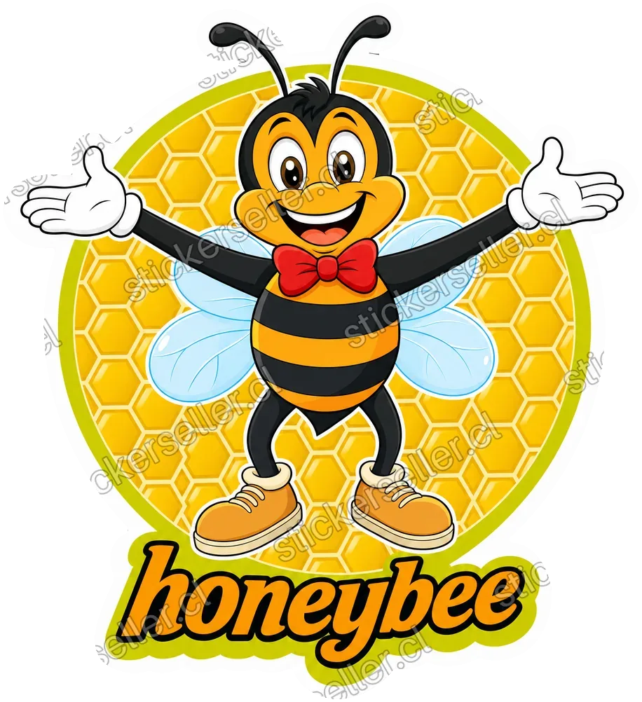 Sticker de una mascota abeja parada de frente con los brazos abiertos, moñito rojo y alas celestes, sobre fondo circular de panal dorado, con la palabra «honeybee» abajo.