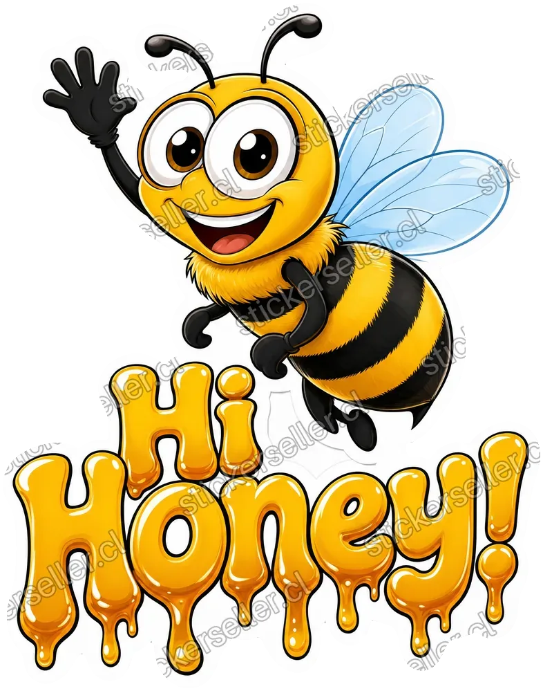 Sticker de una abeja saludando con la mano sobre el texto «Hi Honey!» en letras doradas con efecto de goteo de miel.
