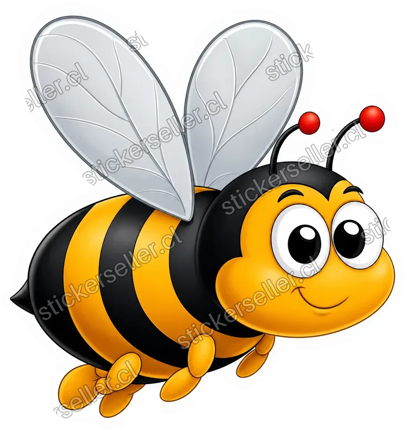 Sticker de un abejorro de caricatura clásica con ojos saltones, cuerpo dorado y negro, y alas grises.
