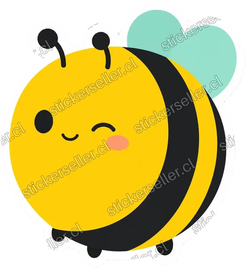 Sticker de una abejita kawaii de cuerpo muy redondo, guiñando un ojo, con alas color menta y chapetones.