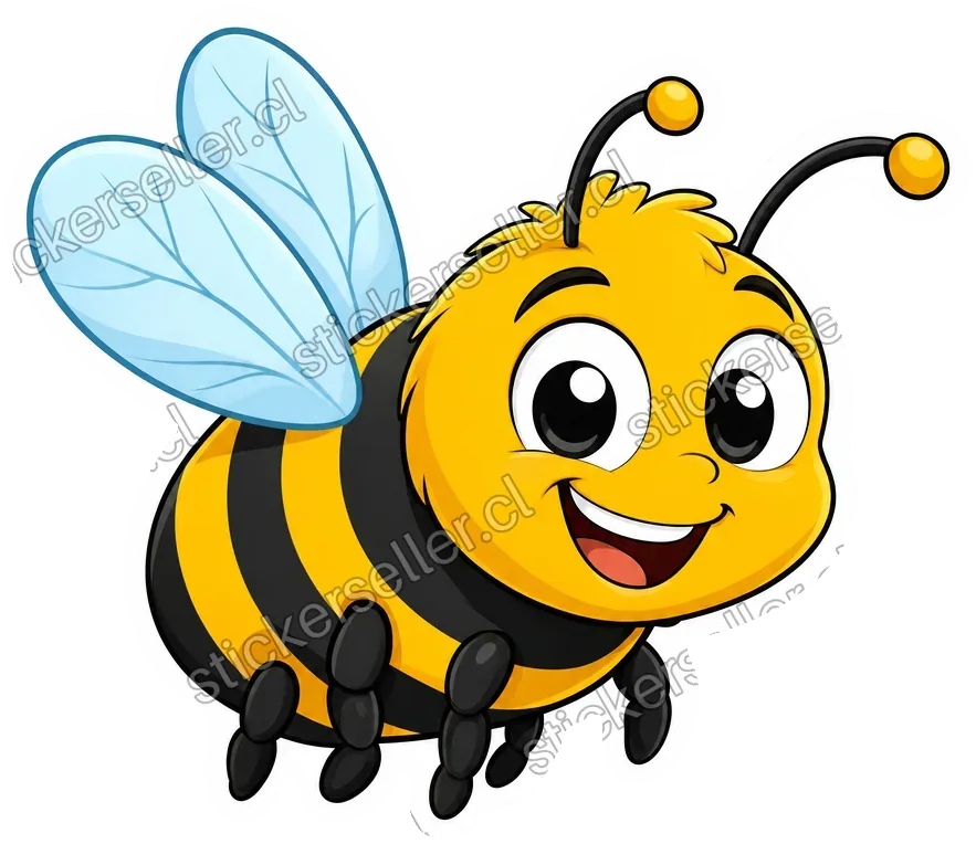 Sticker de un abejorro de caricatura sonriente, alas celestes, volando de costado hacia la izquierda.