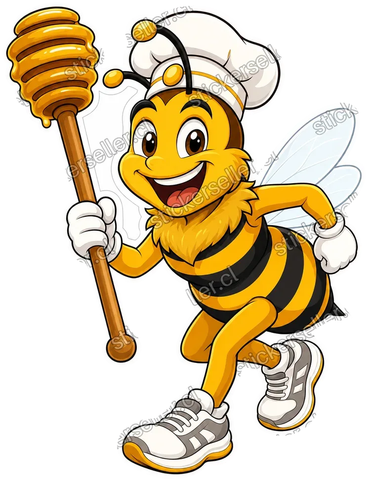 Sticker de una abeja mascota con gorro de chef y guantes, sosteniendo un gran cucharón de miel en pose activa.
