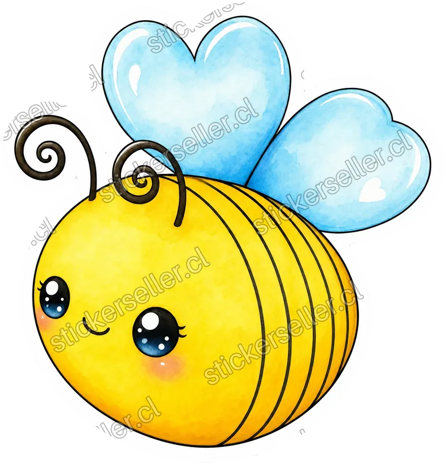 Sticker de una abejita chibi con alas en forma de corazón celeste, antenas en espiral y ojos brillantes.