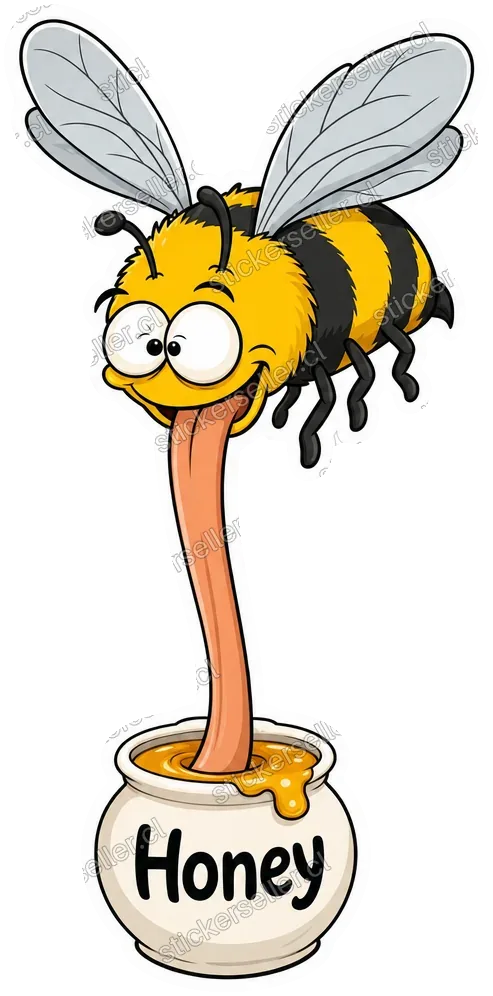 Sticker de una abeja de caricatura con la lengua muy estirada hacia un pequeño tarro etiquetado «Honey».