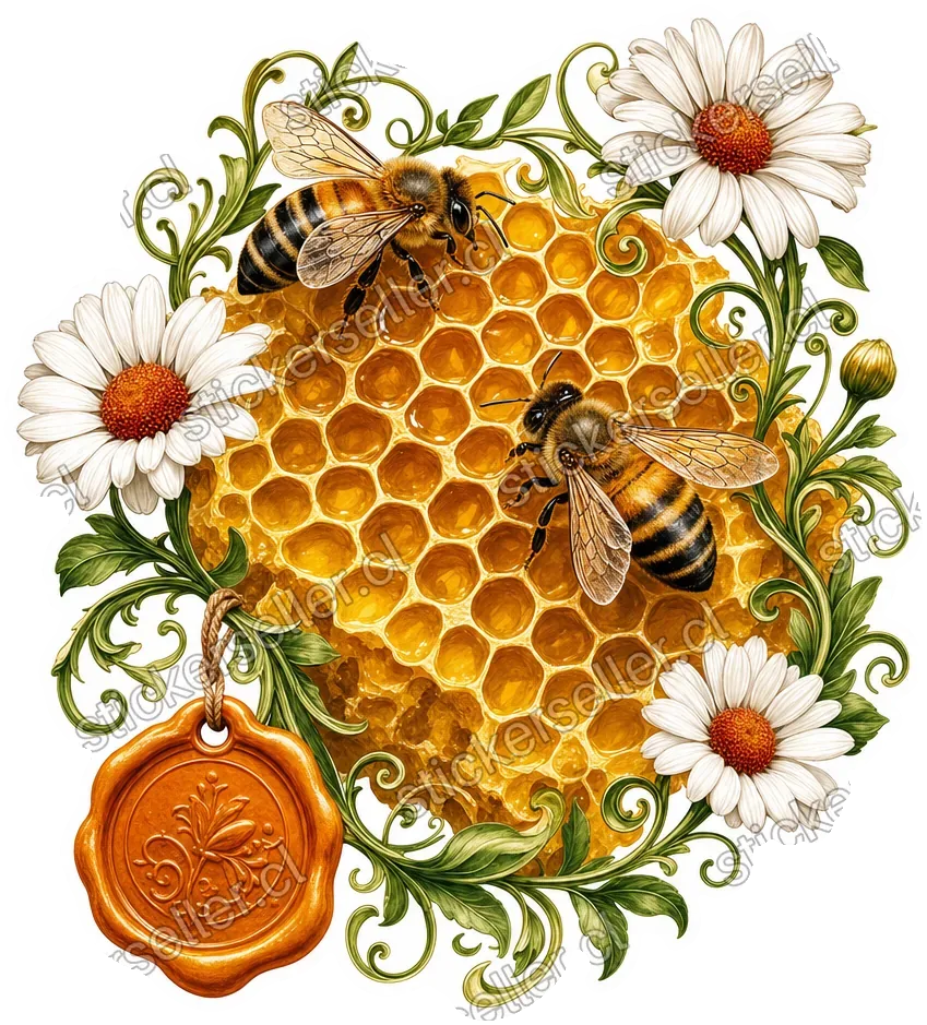 Sticker de dos abejas realistas sobre un panal dorado, con enredadera verde, margaritas blancas y un sello de cera colgante.