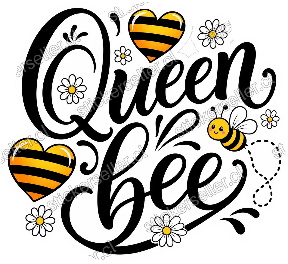 Sticker con el texto «Queen bee» en caligrafía negra, corazones con rayas de abeja, margaritas y una abejita pequeña volando.