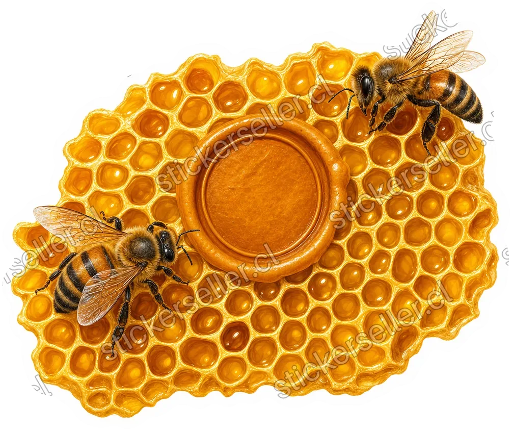 Sticker de dos abejas realistas sobre un panal dorado con un sello circular de cera ámbar al centro.