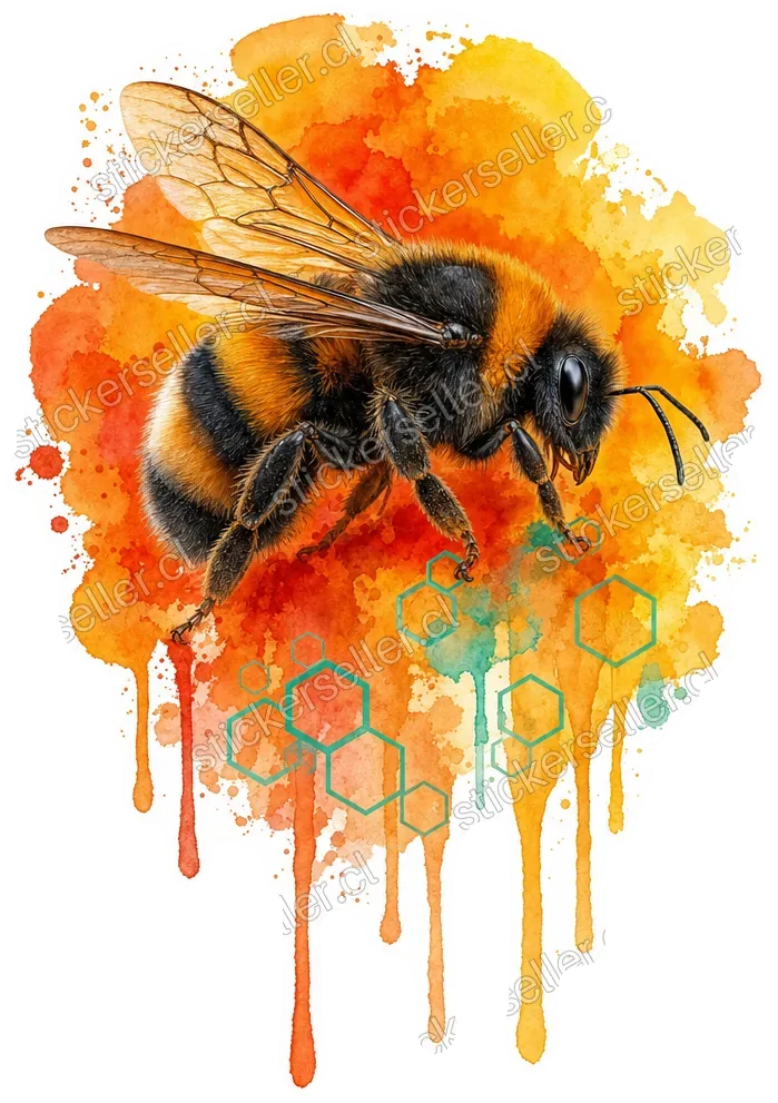 Sticker de un abejorro realista posado sobre un salpicón de acuarela naranja y roja con gotas colgantes y hexágonos menta.