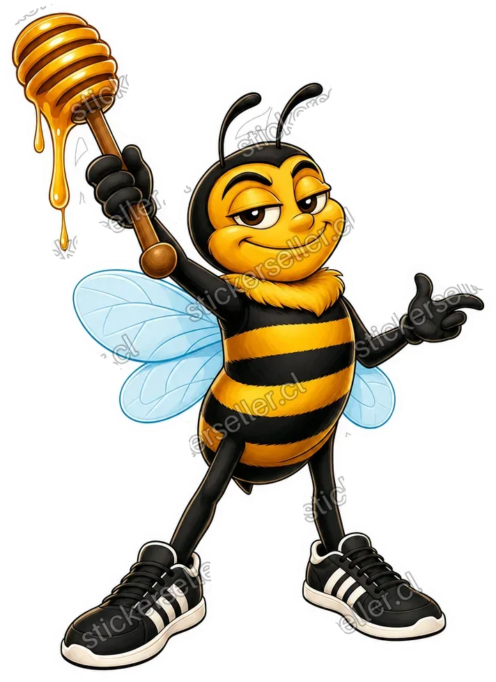 Sticker de una abeja mascota levantando un cucharón con miel goteando, con actitud confiada y zapatillas deportivas.