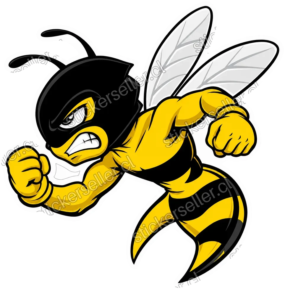 Sticker de una abeja mascota en pose de pelea agresiva, con antifaz negro y guantes amarillos, puños en alto.