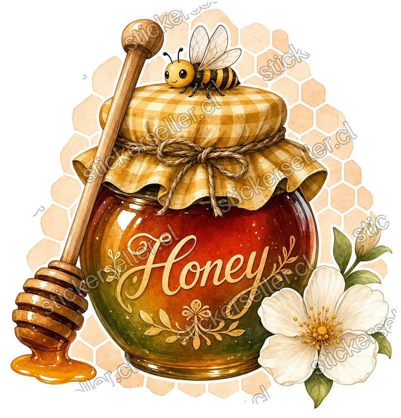 Sticker de un frasco de miel con tapa de tela a cuadros, cucharón de madera, una abejita posada arriba y una flor blanca.