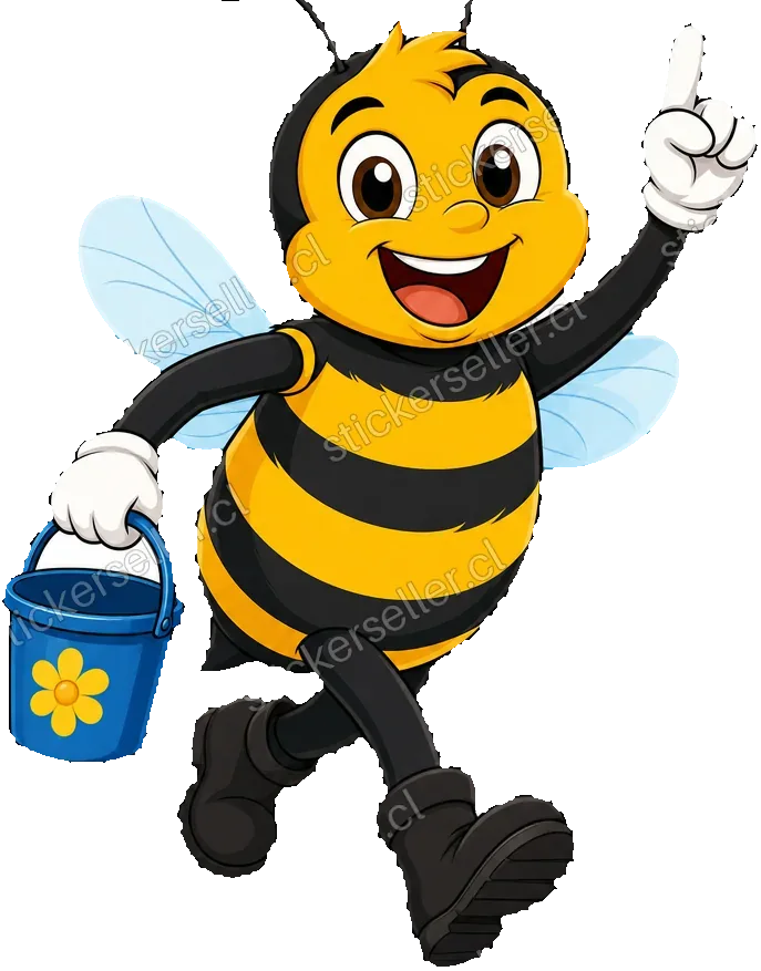 Sticker de una abeja mascota caminando con un balde azul en una mano y el dedo apuntando hacia arriba, sonriendo.