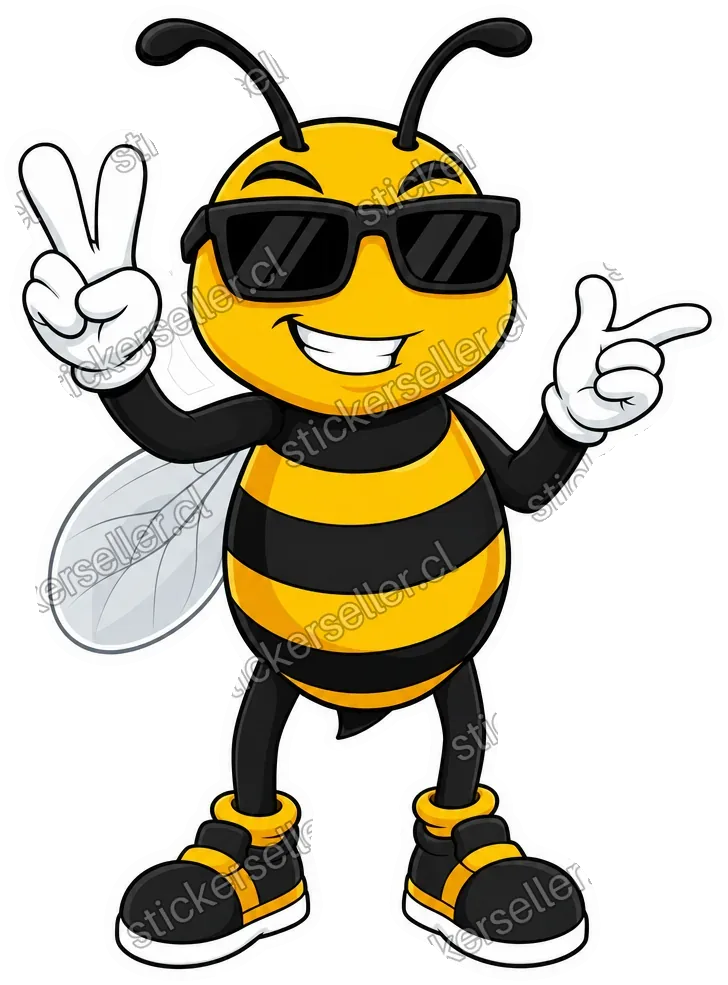 Sticker de una abeja mascota con lentes de sol oscuros, haciendo la seña de paz con una mano y un gesto relajado con la otra.
