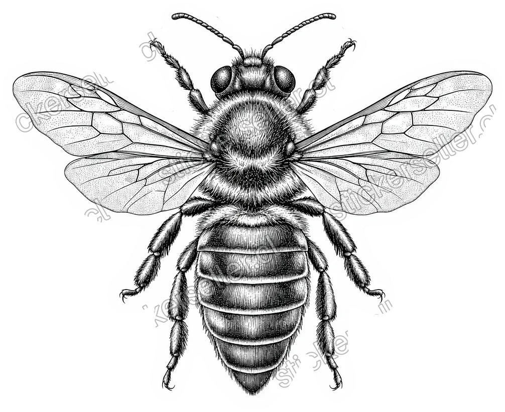 Sticker de una abeja vista desde arriba, alas extendidas, dibujada en fino grabado de tinta negra sobre fondo blanco.