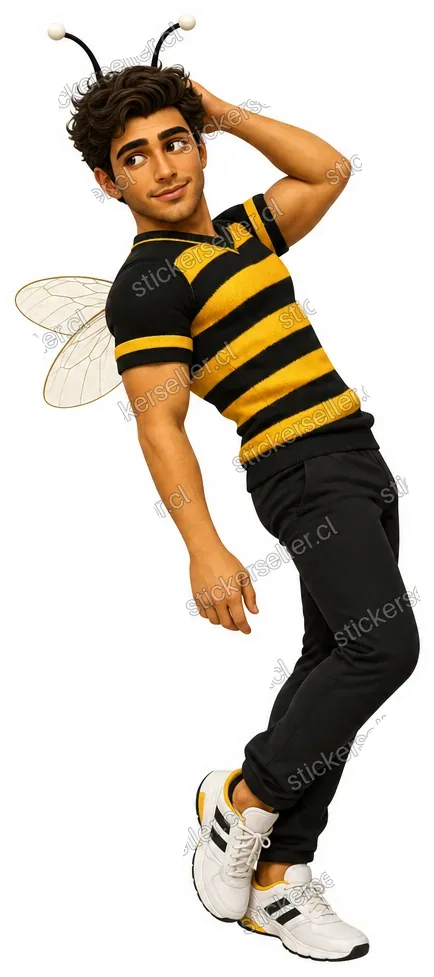 Sticker de un personaje humanoide de abeja con rostro realista, casaca a rayas negro y amarillo, en pose relajada y segura.