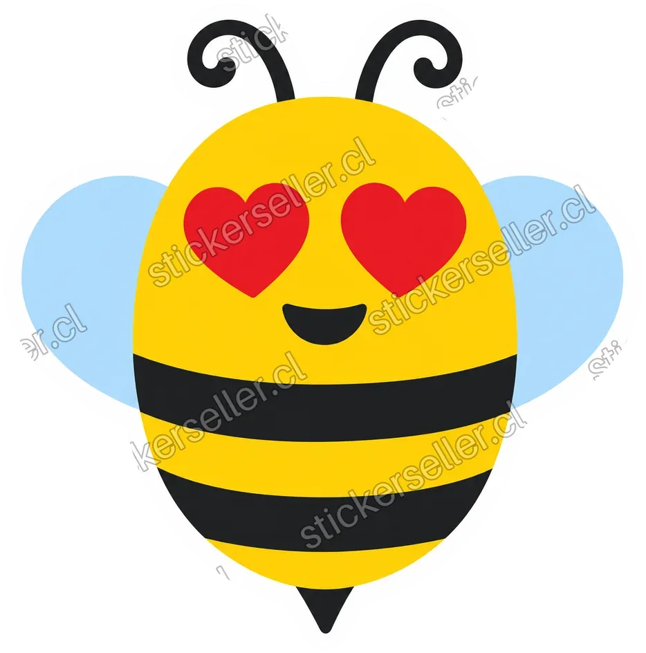 Sticker de una abeja estilo emoji con ojos en forma de corazón rojo, cuerpo amarillo a rayas y alas celestes.