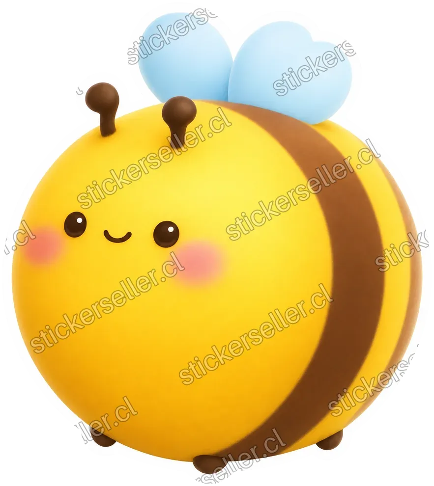 Sticker de una abejita kawaii extremadamente redonda, con rayas cafés, alas en forma de corazón celeste y chapetones rosados.