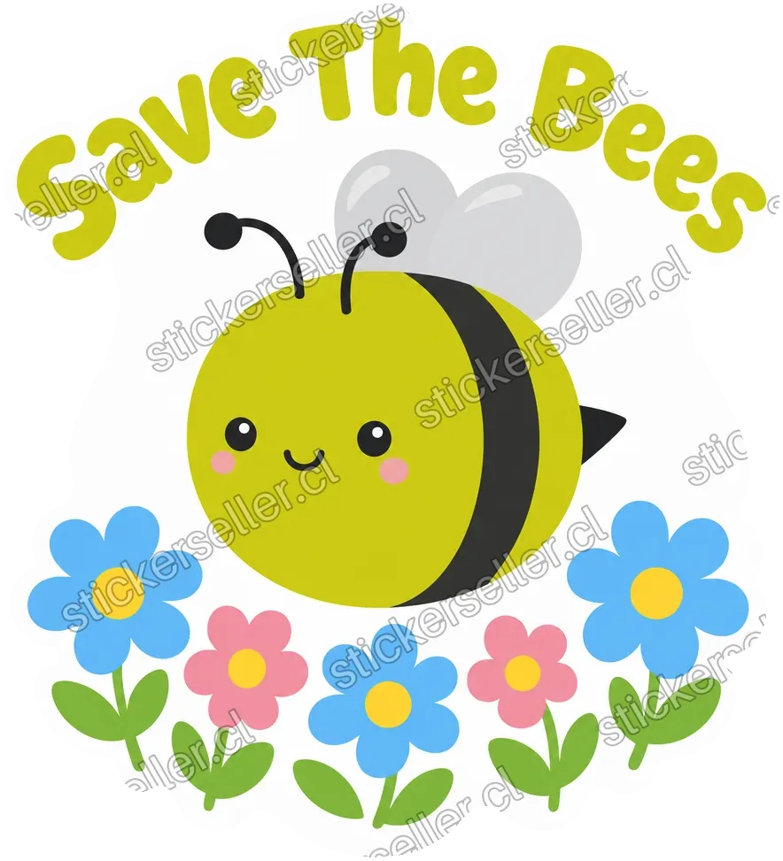 Sticker de una abeja kawaii flotando sobre una hilera de flores azules y rosadas, con el texto «Save The Bees» arqueado arriba.
