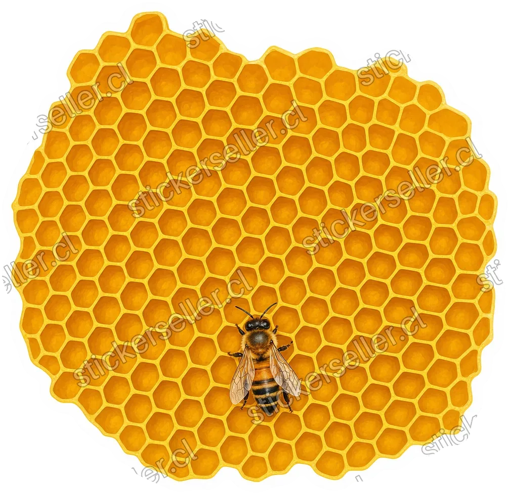 Sticker de un gran panal dorado con una sola abeja realista posada en la parte central baja.