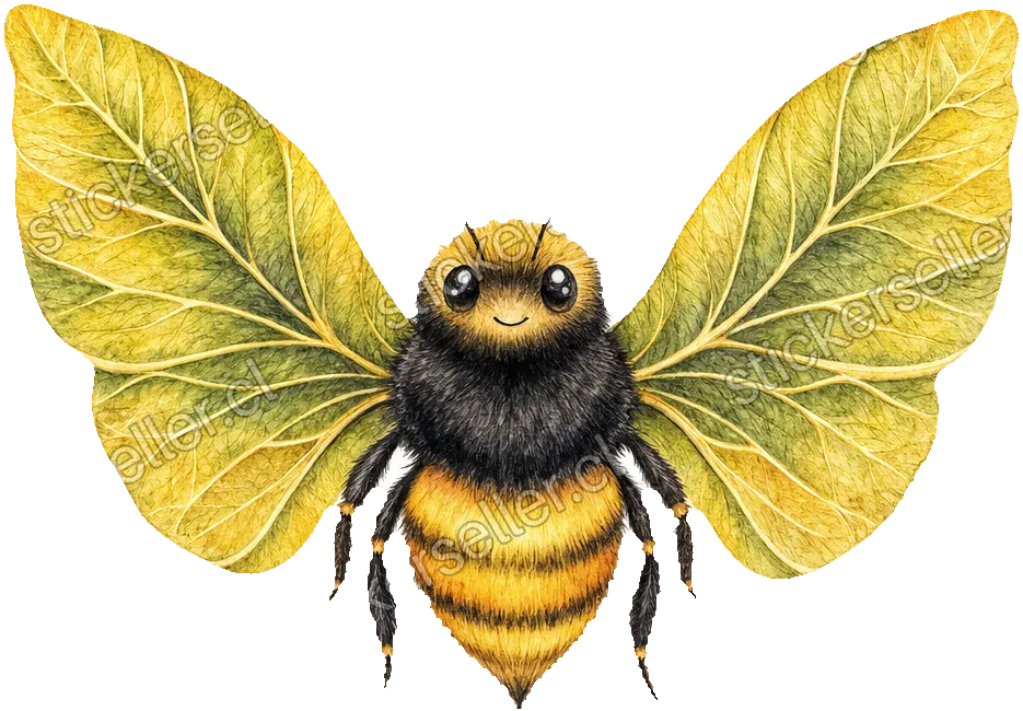 Sticker de una abeja con grandes alas texturadas como hojas verdes, tórax peludo y ramitas con hojas a los lados.