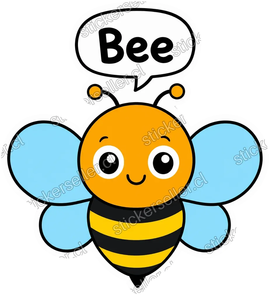 Sticker de una abeja kawaii con alas celestes grandes y un globo de diálogo sobre su cabeza que dice «Bee».