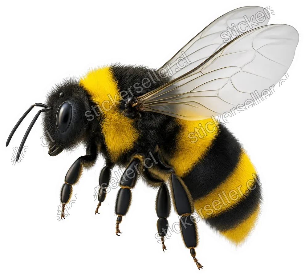 Sticker de un abejorro con estilo 3D suave, en vuelo diagonal, cuerpo amarillo-negro y alas grises translúcidas.
