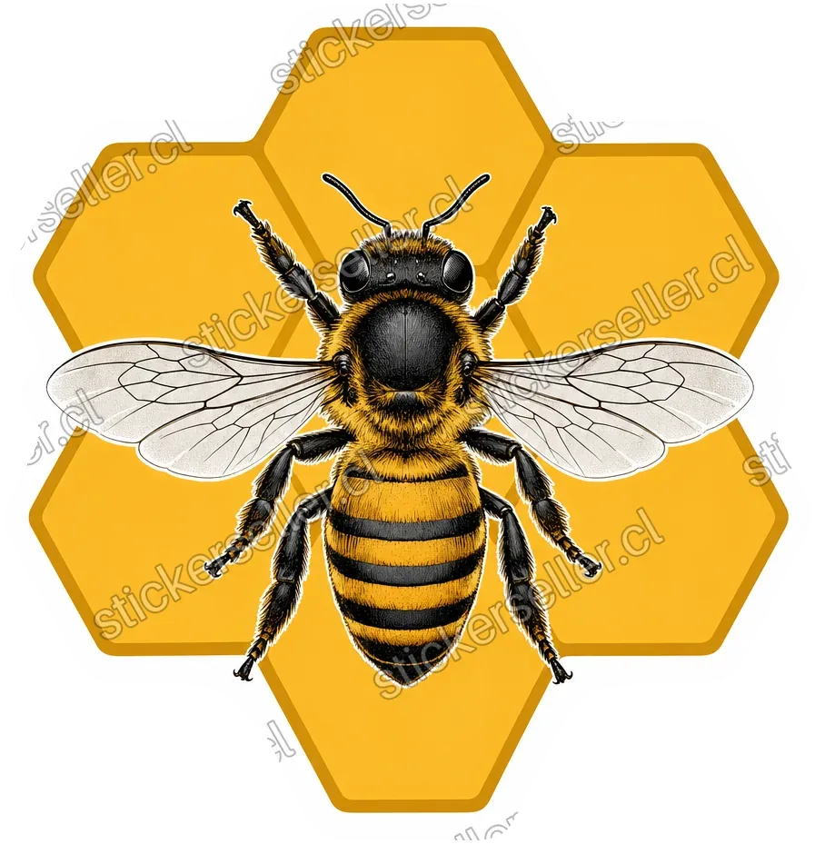 Sticker de una abeja vista desde arriba centrada sobre un racimo de grandes celdas doradas de panal.