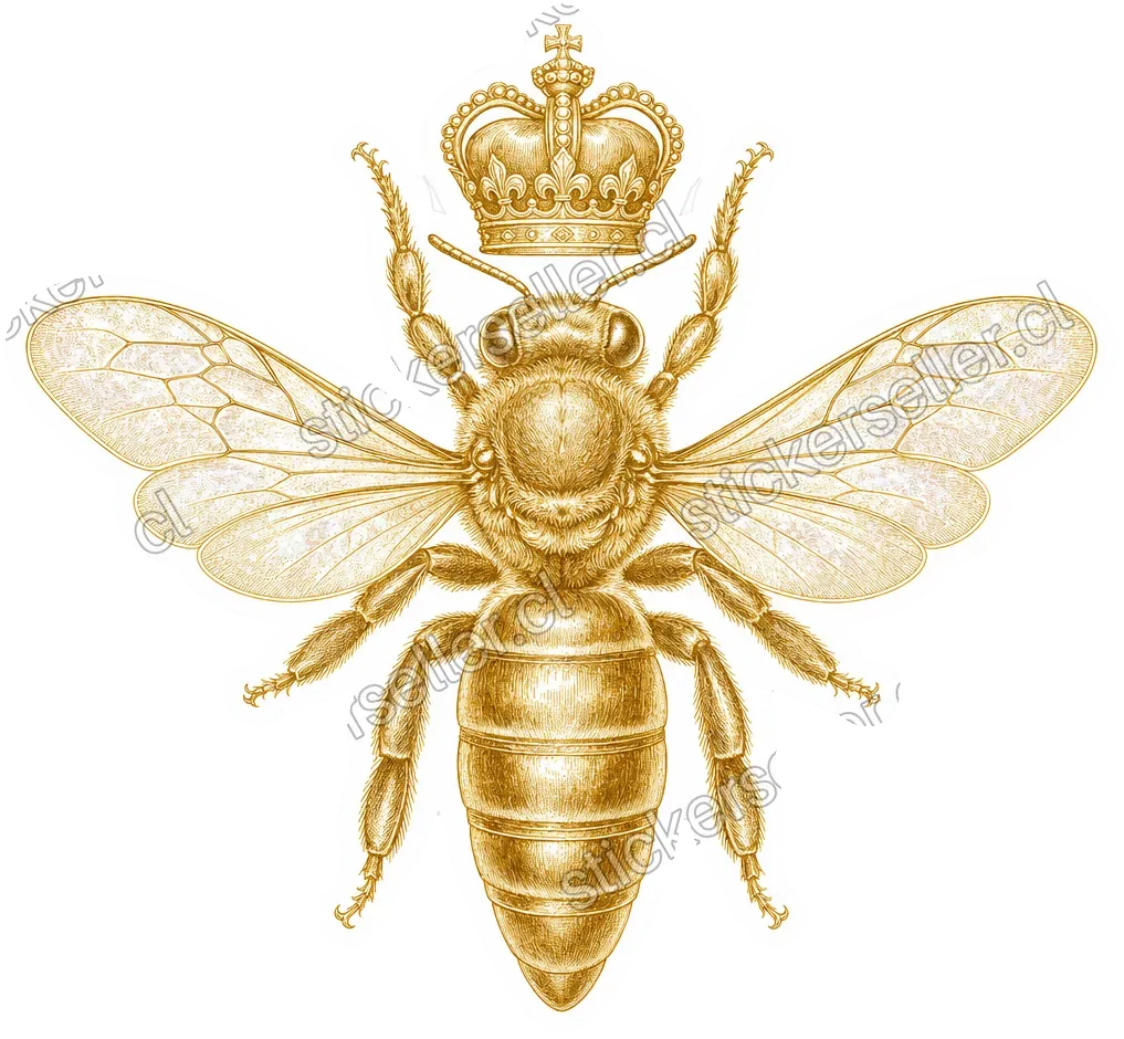 Sticker de una abeja vista desde arriba, dibujada enteramente en tinta dorada, con una corona real sobre la cabeza.