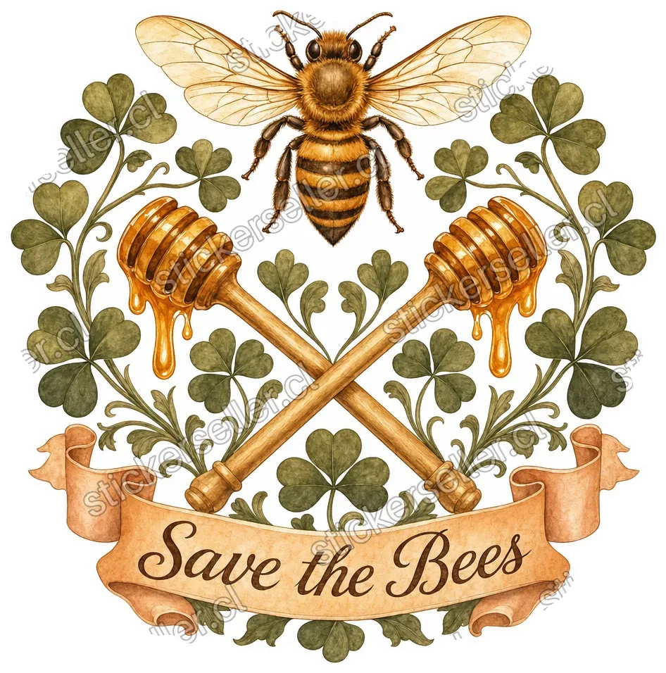 Sticker con forma de escudo heráldico: una abeja arriba, dos cucharones de miel cruzados, hojas de trébol y una cinta con el texto «Save the Bees».