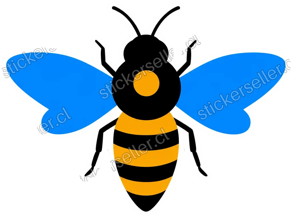 Sticker de una abeja vista desde arriba en estilo ícono plano, con alas celestes sólidas y cuerpo a rayas amarillo-negro.