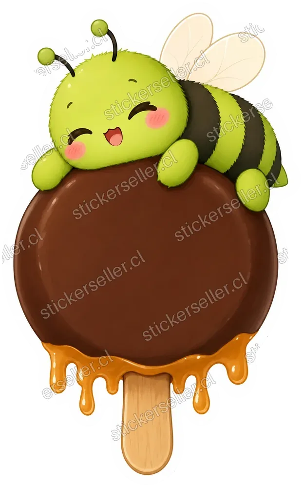 Sticker de una abeja verde lima abrazada a un helado bañado en chocolate, con caramelo goteando en la base.