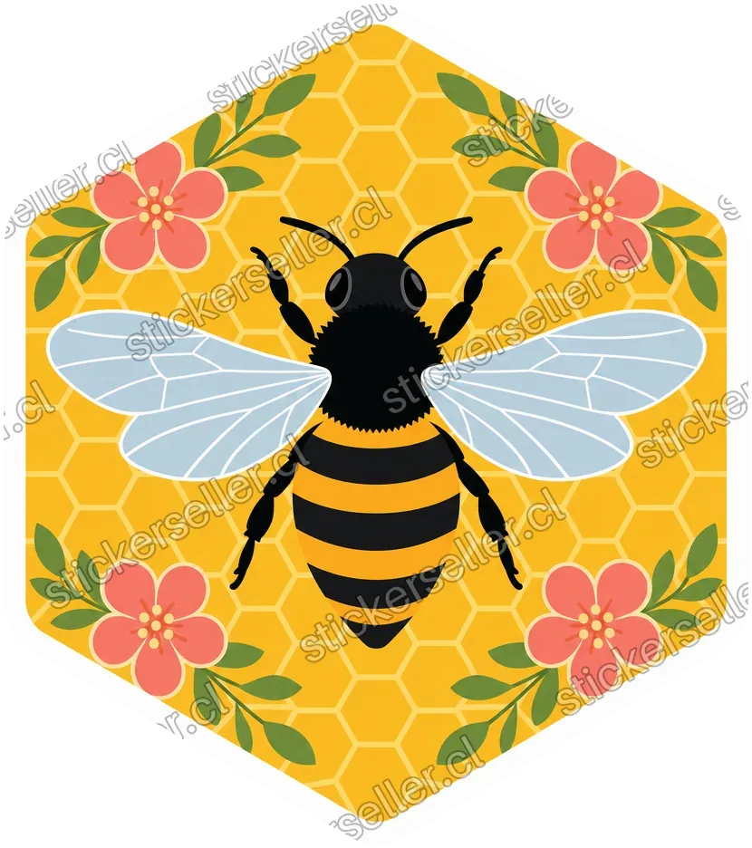 Sticker hexagonal con una abeja estilizada al centro sobre fondo de panal dorado y flores coral en las esquinas.