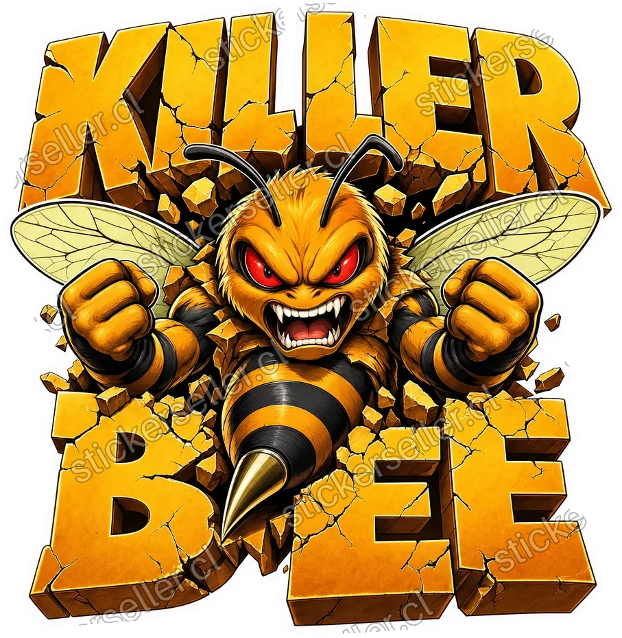 Sticker con el texto «KILLER BEE» y una abeja mascota furiosa, de ojos rojos y puños en alto, irrumpiendo entre las letras.