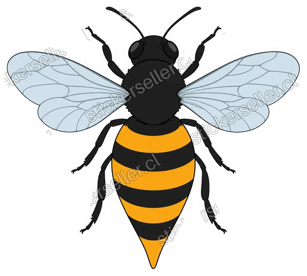 Sticker de una abeja de caricatura vista desde arriba, con alas gris-celestes y cuerpo a rayas ámbar-negro.