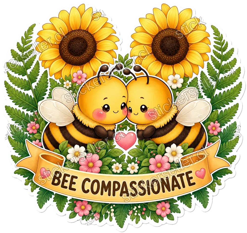 Sticker de dos abejitas kawaii mirándose con un corazón entre ellas, rodeadas de girasoles y helechos, con el texto «Bee Compassionate».