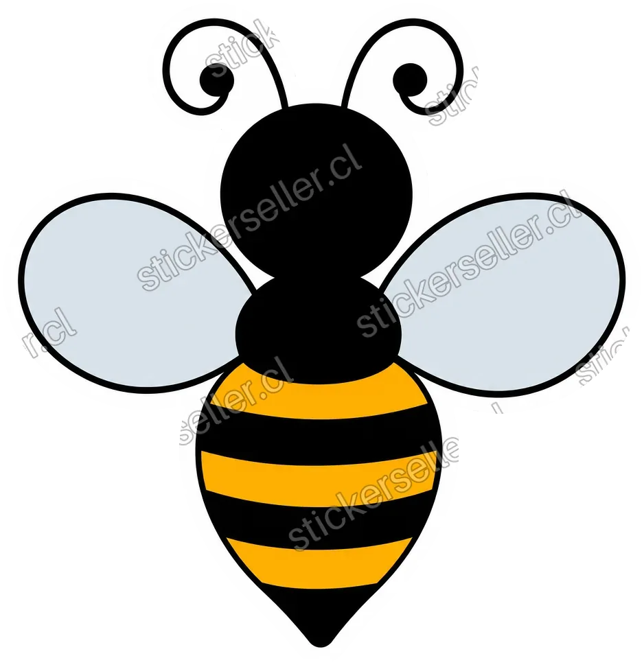 Sticker de una abeja de caricatura muy simple, sin rostro, con antenas en espiral y alas gris-plateadas.