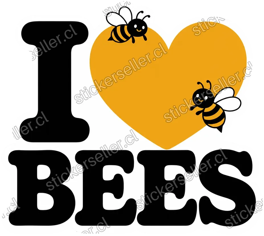 Sticker con el texto «I love BEES», un corazón dorado con dos abejitas pequeñas posadas sobre él.