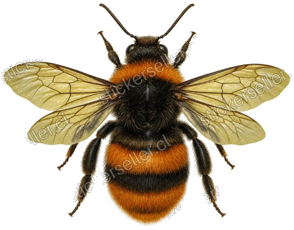 Sticker de una abeja realista vista desde arriba, con pelaje visible en el cuerpo y alas translúcidas de venas marcadas.