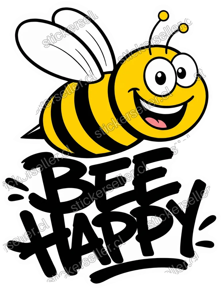 Sticker de una abeja sonriente volando hacia la derecha, con el texto «Bee Happy» en letras negras tipo grafiti debajo.