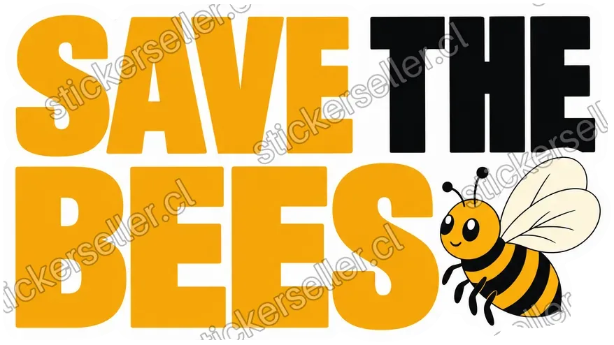Sticker con el texto «Save The Bees» en letras doradas y negras, y una pequeña abeja de alas crema como acento a la derecha.