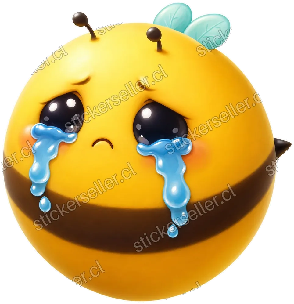Sticker de una abejita kawaii muy redonda, llorando con lágrimas azules, cuerpo dorado con franja café y alitas menta.