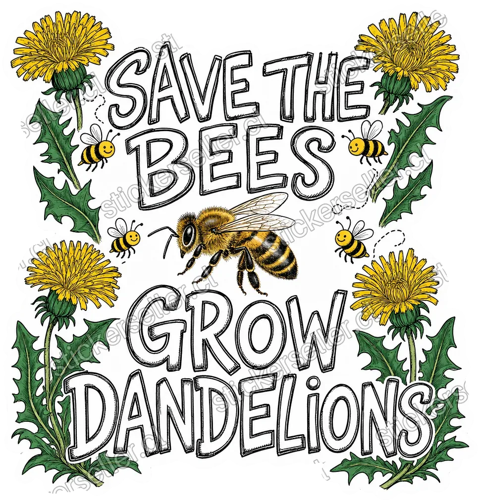 Sticker con el texto a mano «Save The Bees / Grow Dandelions», dientes de león en las esquinas y varias abejitas volando.
