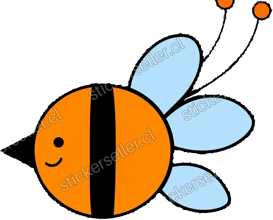 Sticker de una abeja geométrica minimalista de perfil, con dos pares de alas pétalo celestes y antenas largas curvas.