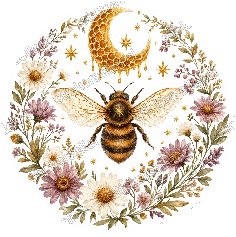 Sticker de una abeja detallada rodeada de una corona de flores silvestres, con una luna creciente de panal goteando miel arriba.