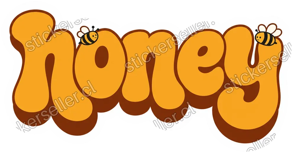 Sticker con la palabra «honey» en letras burbuja retro color ámbar y dos abejitas pequeñas posadas sobre las letras.