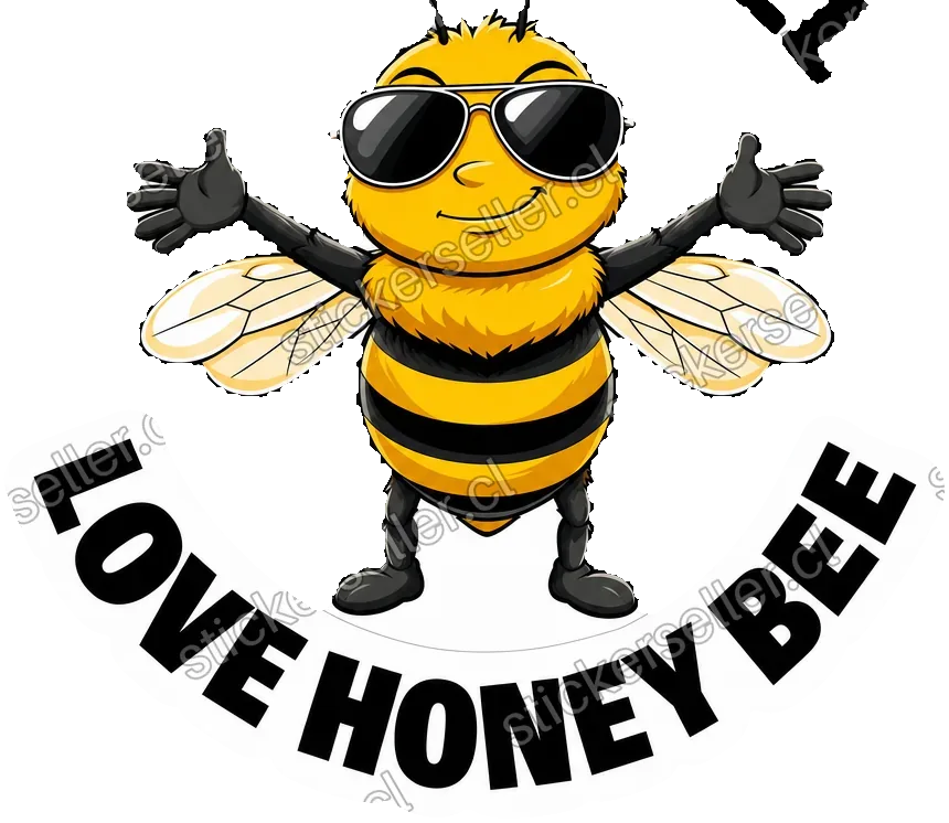 Sticker circular de una abeja con lentes de sol y brazos abiertos, con el texto «I Just Really Love Honey Bee» rodeándola.
