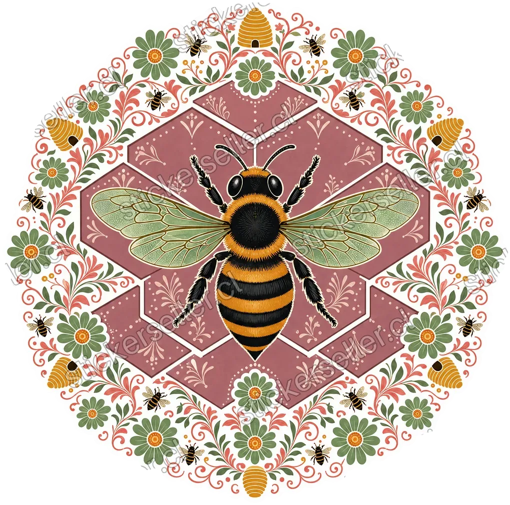 Sticker de una abeja estilizada sobre hexágonos rosa-malva, rodeada de un borde decorativo con flores, enredaderas y colmenas doradas.