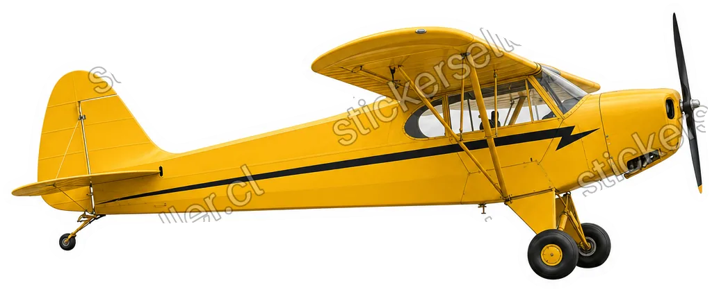 Sticker de una avioneta amarilla tipo Piper Cub de ala alta con una franja en forma de rayo negro en el fuselaje.