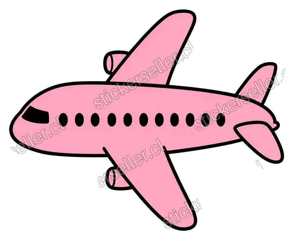 Sticker de un avión de pasajeros caricaturizado en rosa suave con contorno negro y ventanillas ovaladas.