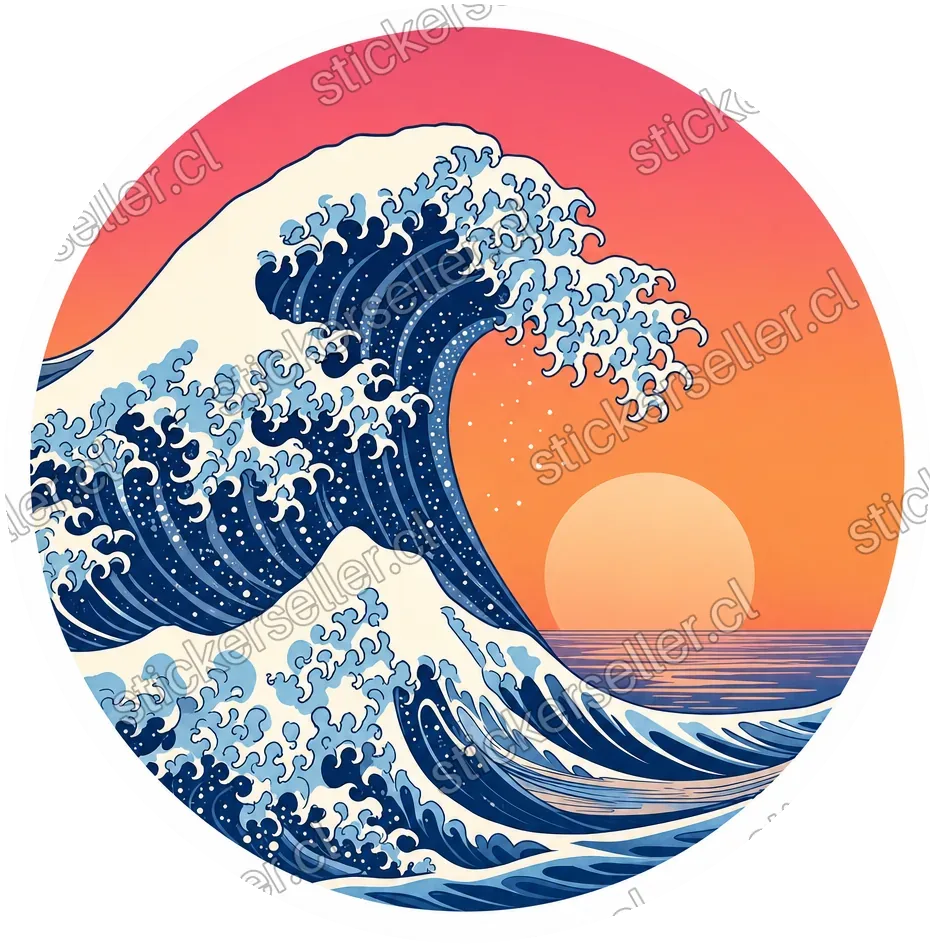 Sticker de una gran ola estilo Hokusai curvándose a la derecha dentro de un círculo, con sol durazno y cielo degradado rosa-naranja.